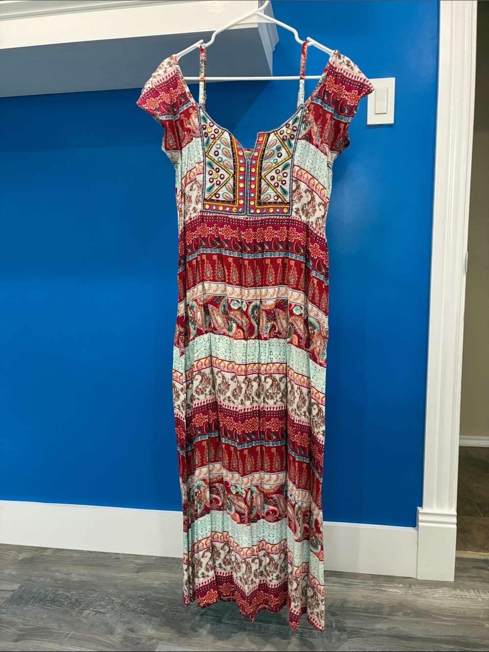 Boho Cold-Shoulder Maxi Dress in Red and Aqua